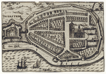 200148 Kaart van Wijk bij Duurstede en de Rijn uit het zuidoosten; met weergave van het stratenpatroon met de ...
